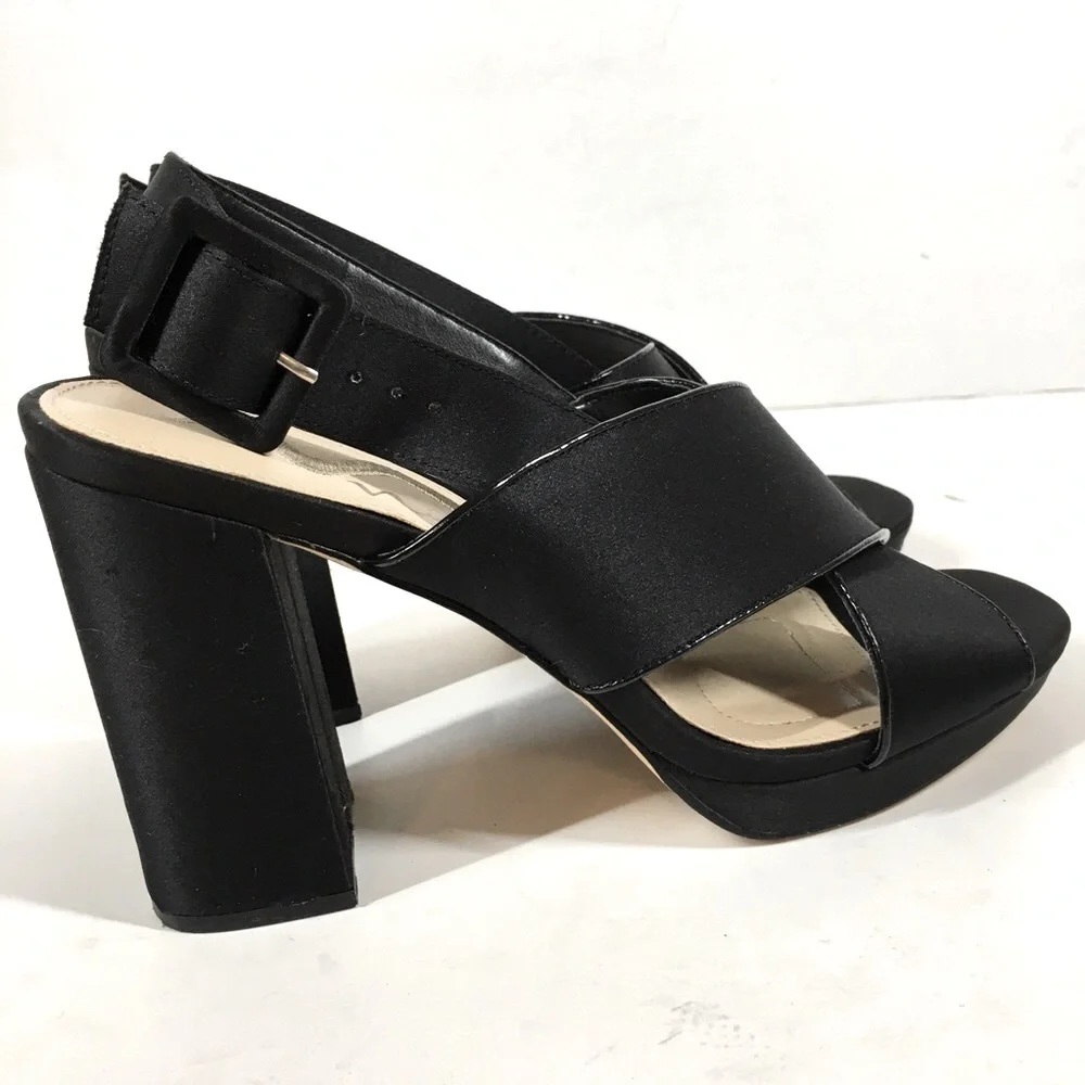 Nina New York Black Criss Cross Straps Platform Open Toe Sandal Heels Size 7.5M